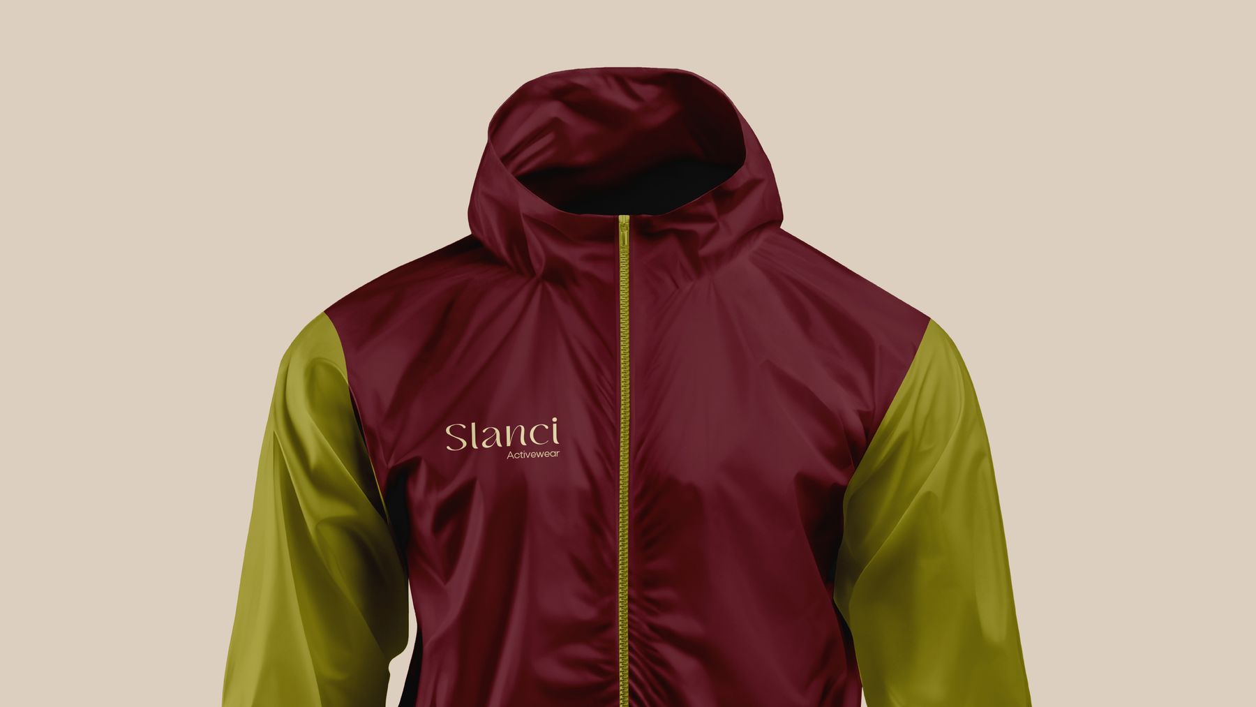 Jaqueta corta-vento com capuz, corpo bordô, mangas oliva e zíper oliva, com logo Slanci no peito